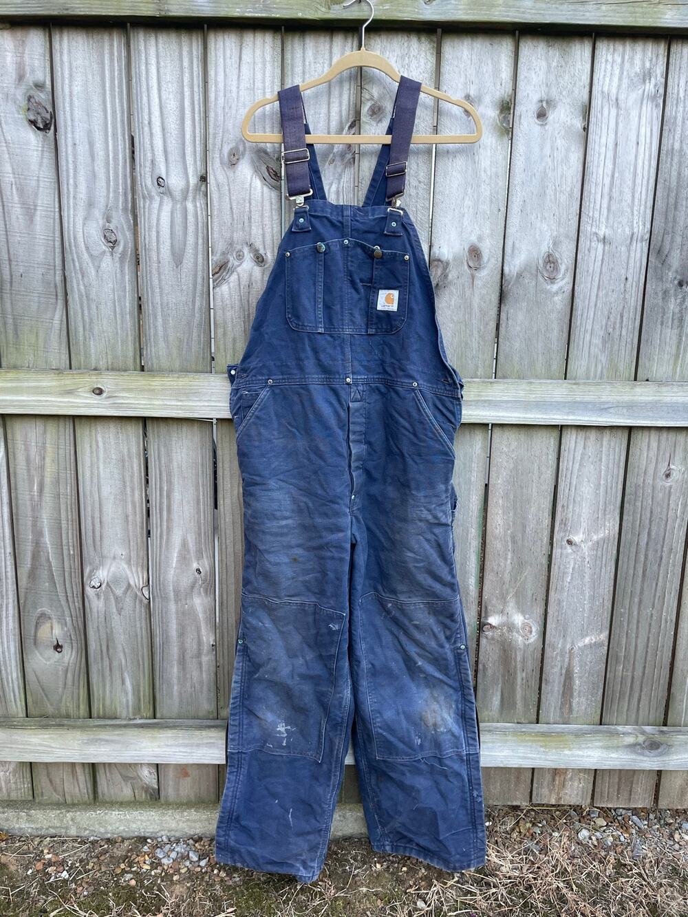 Carhartt Navy Duck Bib Overalls Quilt Lined Double Knee Distressed Workwear